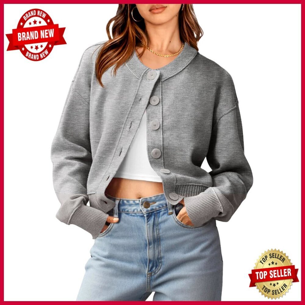 Cropped Button Up Cardigan Sweater Long Sleeve Crew Neck Loose Fit